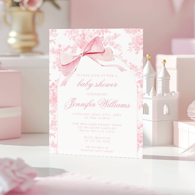 French Pink Toile Floral Bow Boho Baby Girl Shower Invitation (Creator Uploaded)