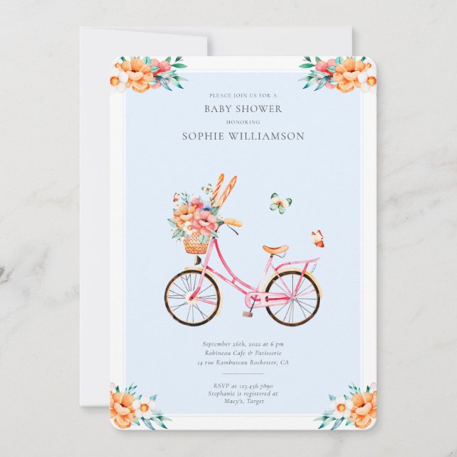 French Pink Vintage Bicycle Baby Shower  Invitatio Invitation (Front)