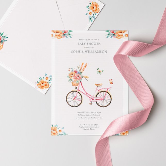 French Pink Vintage Bicycle Baby Shower  Invitatio Invitation (Creator Uploaded)