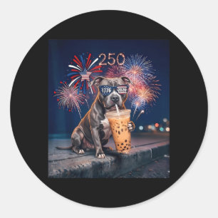 French Pitbull Drinking Iced Coffee Flag Dog 4th Classic Round Sticker