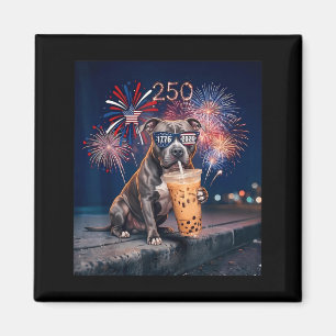 French Pitbull Drinking Iced Coffee Flag Dog 4th Magnet