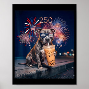 French Pitbull Drinking Iced Coffee Flag Dog 4th Poster