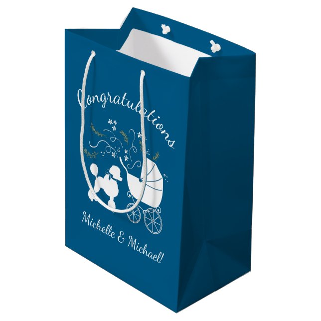 French Poodle Baby Shower Dog Puppy Blue Boy Medium Gift Bag (Back Angled)