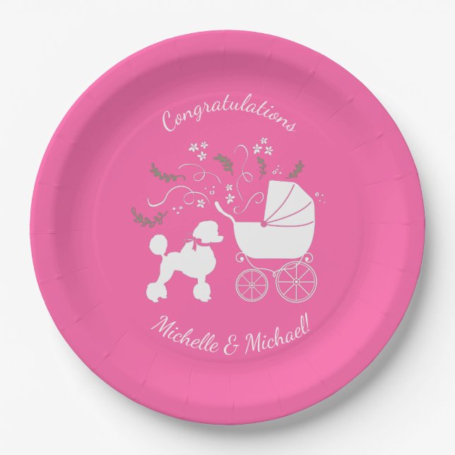French Poodle Dog Baby Shower Puppy Pink Girl Paper Plate (Front)