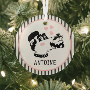 French Poodle Dog Wearing Beret Personalised Name Glass Tree Decoration