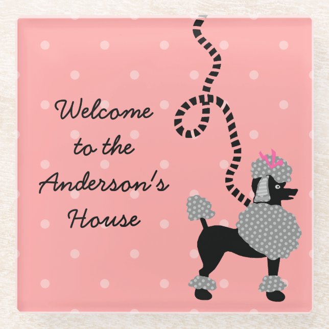 French Poodle Skirt Retro Pink Black 50s Custom Glass Coaster (Front)
