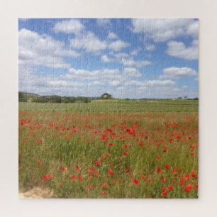 French Poppy Field with Blue Sky and Clouds Jigsaw Puzzle
