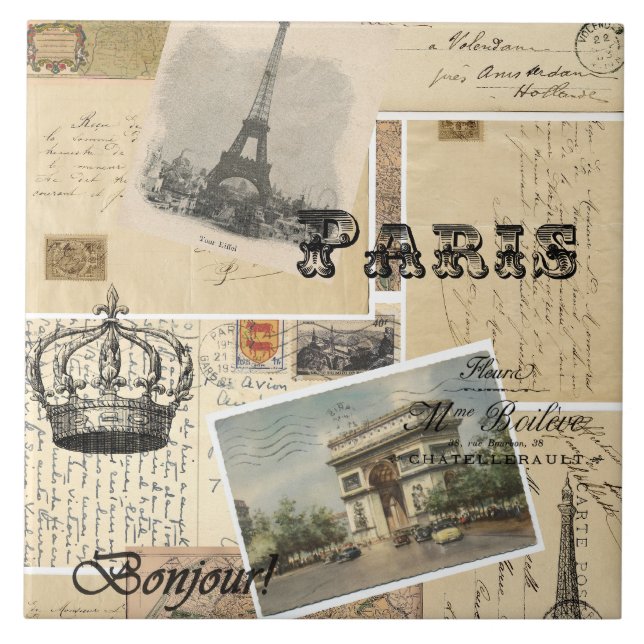 French Postcard Collage Tile or Trivet (Front)