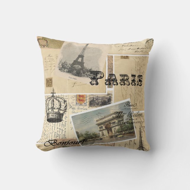 French Postcard Throw Pillow (Front)
