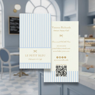 French Powder Blue Stripes Elegant Bakery QR  Business Card