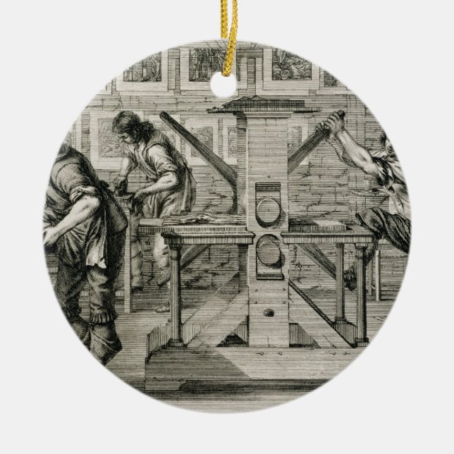 French printing press, 1642 (engraving) ceramic ornament (Front)
