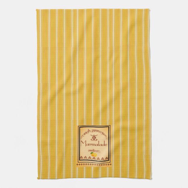 French Provence Yellow Stripes with Text Label Tea Towel (Vertical)