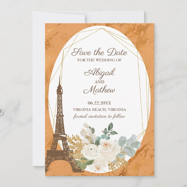 French Provincial Roses, Copper, Eiffel Tower Save The Date (Front)