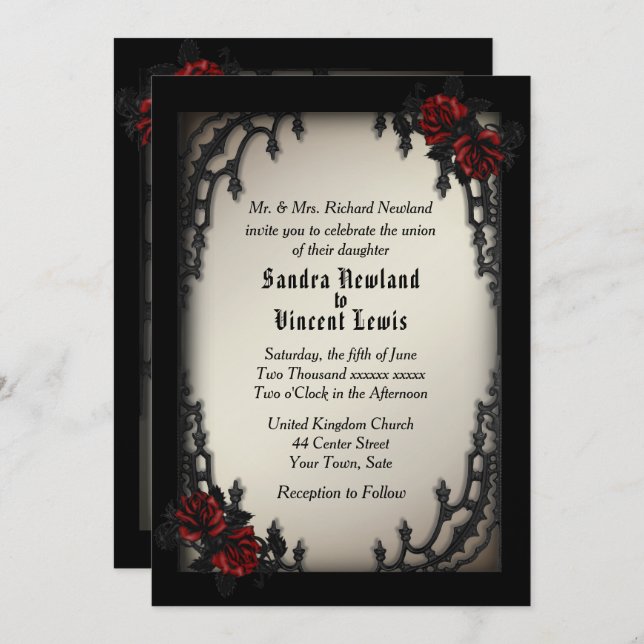 French Quarter Gothic Red Rose on Antique Gold Invitation (Front/Back)