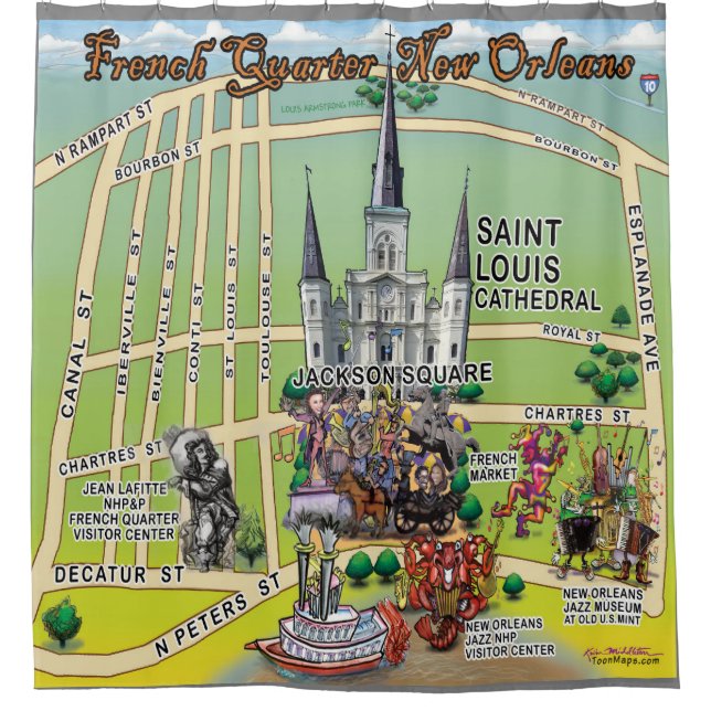 French Quarter New Orleans Fun Map Shower Curtain (Front)
