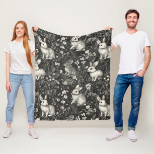 French Rabbit Toile in Black Floral Pattern Fleece Blanket