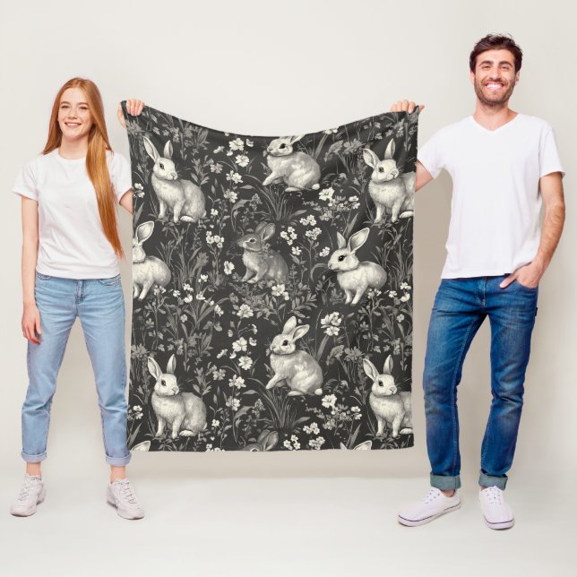 French Rabbit Toile in Black Floral Pattern Fleece Blanket (In Situ)