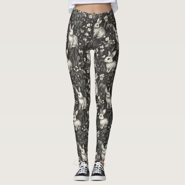 French Rabbit Toile in Black Floral Pattern Leggings (Front)