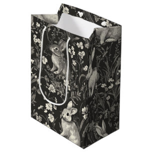 French Rabbit Toile in Black Floral Pattern Medium Gift Bag