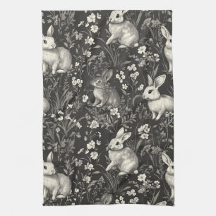 French Rabbit Toile in Black Floral Pattern Tea Towel