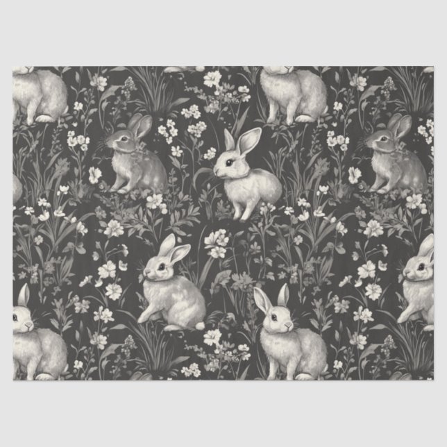 French Rabbit Toile in Black Floral Pattern Tissue Paper (Front)