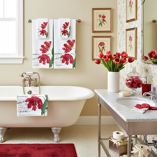 French red floral bath towel set (Creator Uploaded)