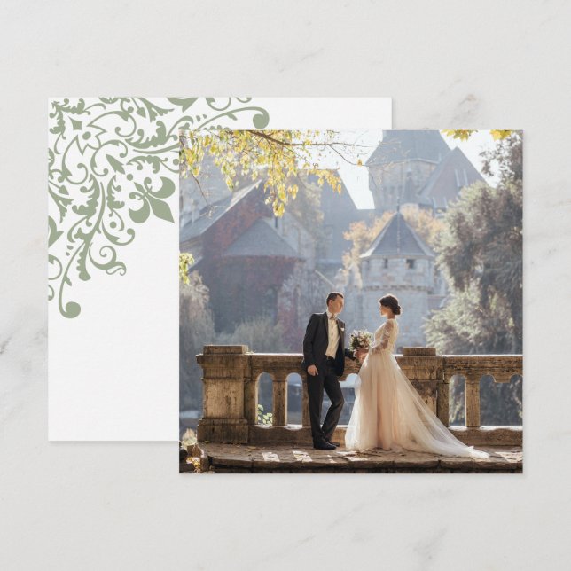 French Regency Green Fleur de Lis Wedding Photo Thank You Card (Front/Back)
