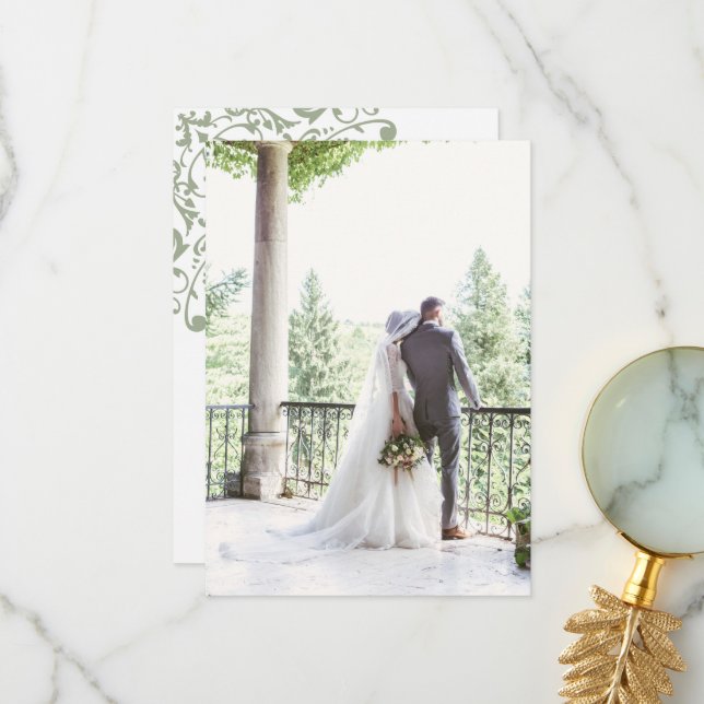 French Regency Green Fleur de Lis Wedding Photo Thank You Card (Front/Back In Situ)