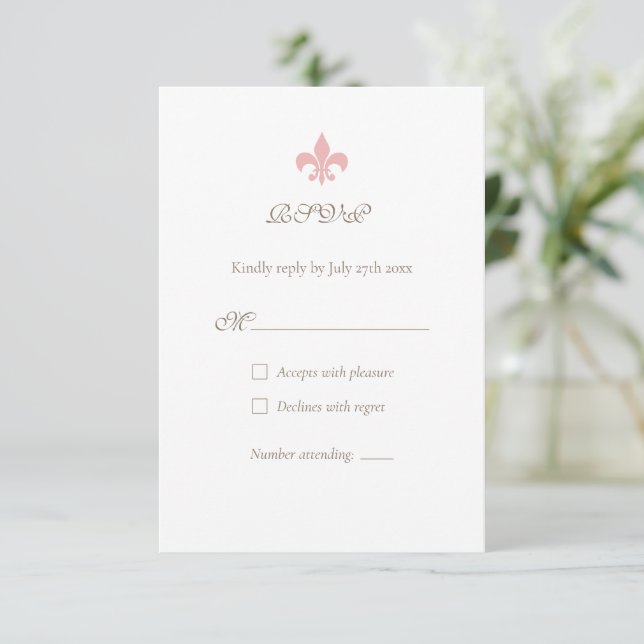 French Regency Pink Fleur de Lis Elegant Wedding RSVP Card (Standing Front)