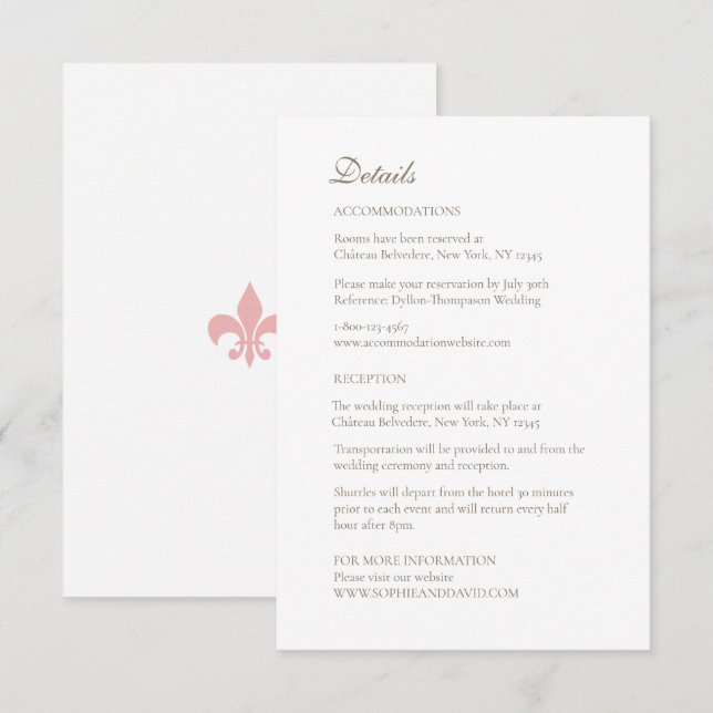 French Regency Pink Fleur de Lis Wedding Details Enclosure Card (Front/Back)