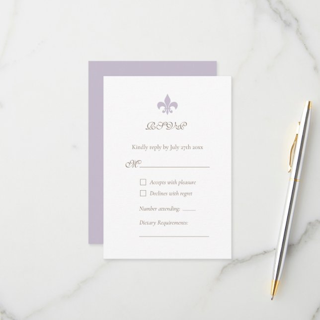 French Regency Purple Fleur de Lis Design Wedding RSVP Card (Front/Back In Situ)