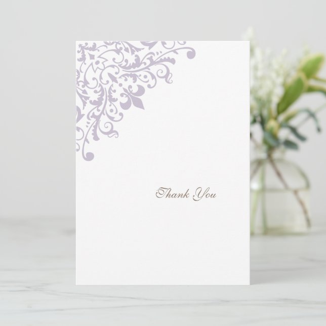 French Regency Purple Fleur de Lis Pattern Wedding Thank You Card (Standing Front)