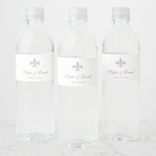 French Regency Purple Fleur de Lis Wedding  Water Bottle Label (Bottles)