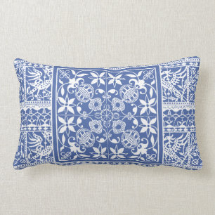 French Renaissance Blue White Lace Flowers Birds Lumbar Cushion