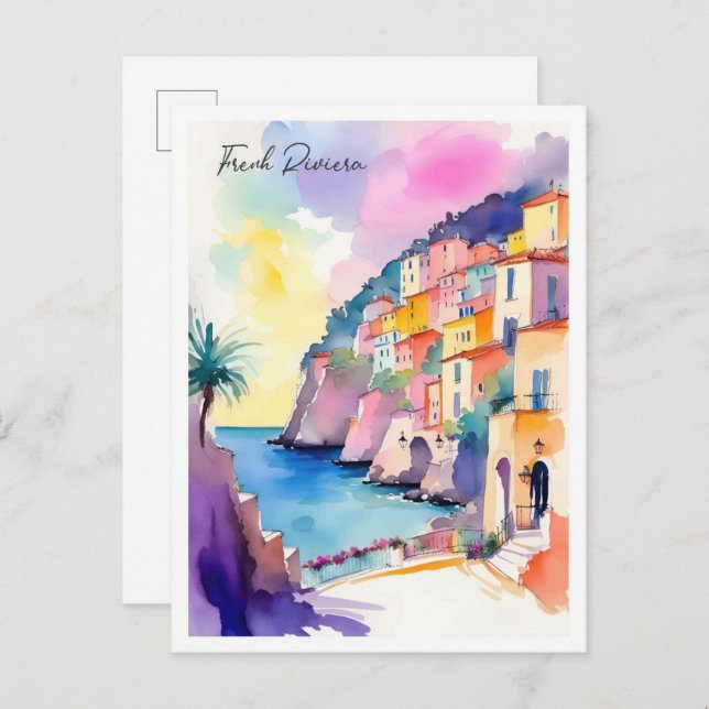 French Riviera France Watercolor Illustration Postcard (Front/Back)