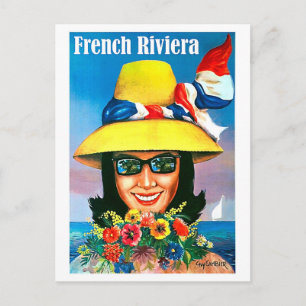 French riviera, sunglasses woman with yellow hat postcard