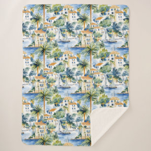 French Riviera Tropical Palm Trees   Sherpa Blanket