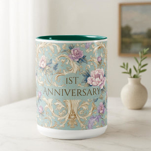 French Rococo Botanical Vintage Floral Anniversary Two-Tone Coffee Mug