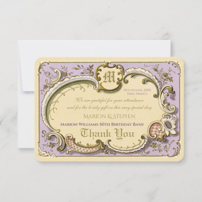 French Rococo Elegant Frame Antique Gold Lilac Thank You Card (Front)