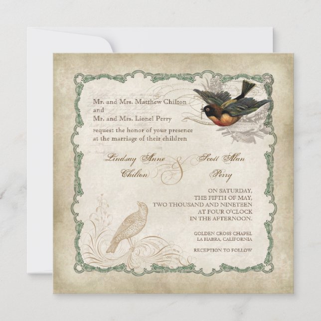 French Roses Love Birds Vintage Lace - Mocha Invitation (Front)