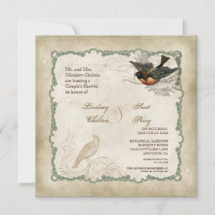 French Roses Love Birds Vintage Lace - Mocha Invitation