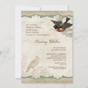 French Roses Love Birds Vintage Lace - Sage Green Invitation