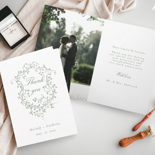 French Sage Green Floral Crest Wedding Photo Thank You Card