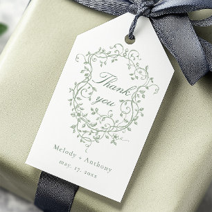 French Sage Green Floral Crest Wedding Thank You Gift Tags