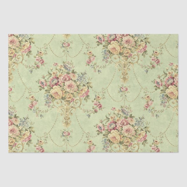 French Sage Green Victorian Style Floral Decoupage Tissue Paper (Front)