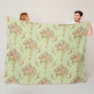 French Sage Green Victorian Style Floral Rococo Fleece Blanket