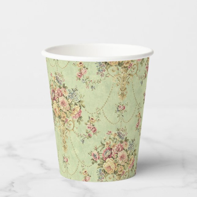 French Sage Green Victorian Style Floral Rococo Paper Cups (Front)