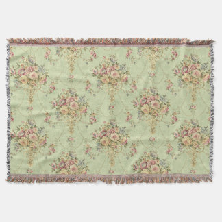 French Sage Green Victorian Style Floral Rococo Throw Blanket
