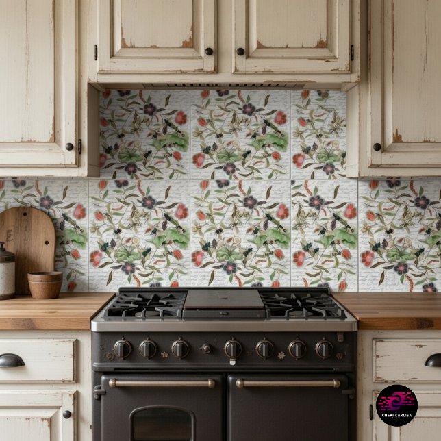 French Script Botanical Bee Pattern Ceramic Tile (French Script Botanical Bee tiles styled as a rustic kitchen backsplash.)