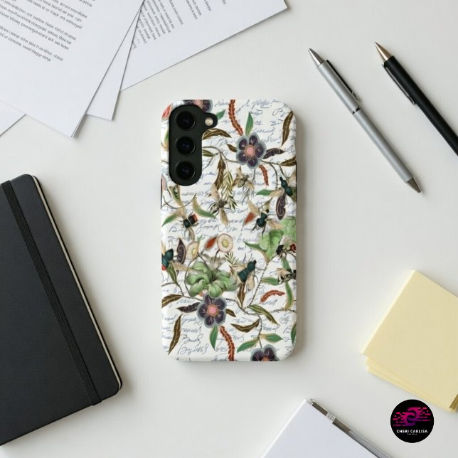 French Script Botanical Bee Pattern Samsung Galaxy S22 Case (French Script Botanical Bee Samsung case for soft vintage flex.)